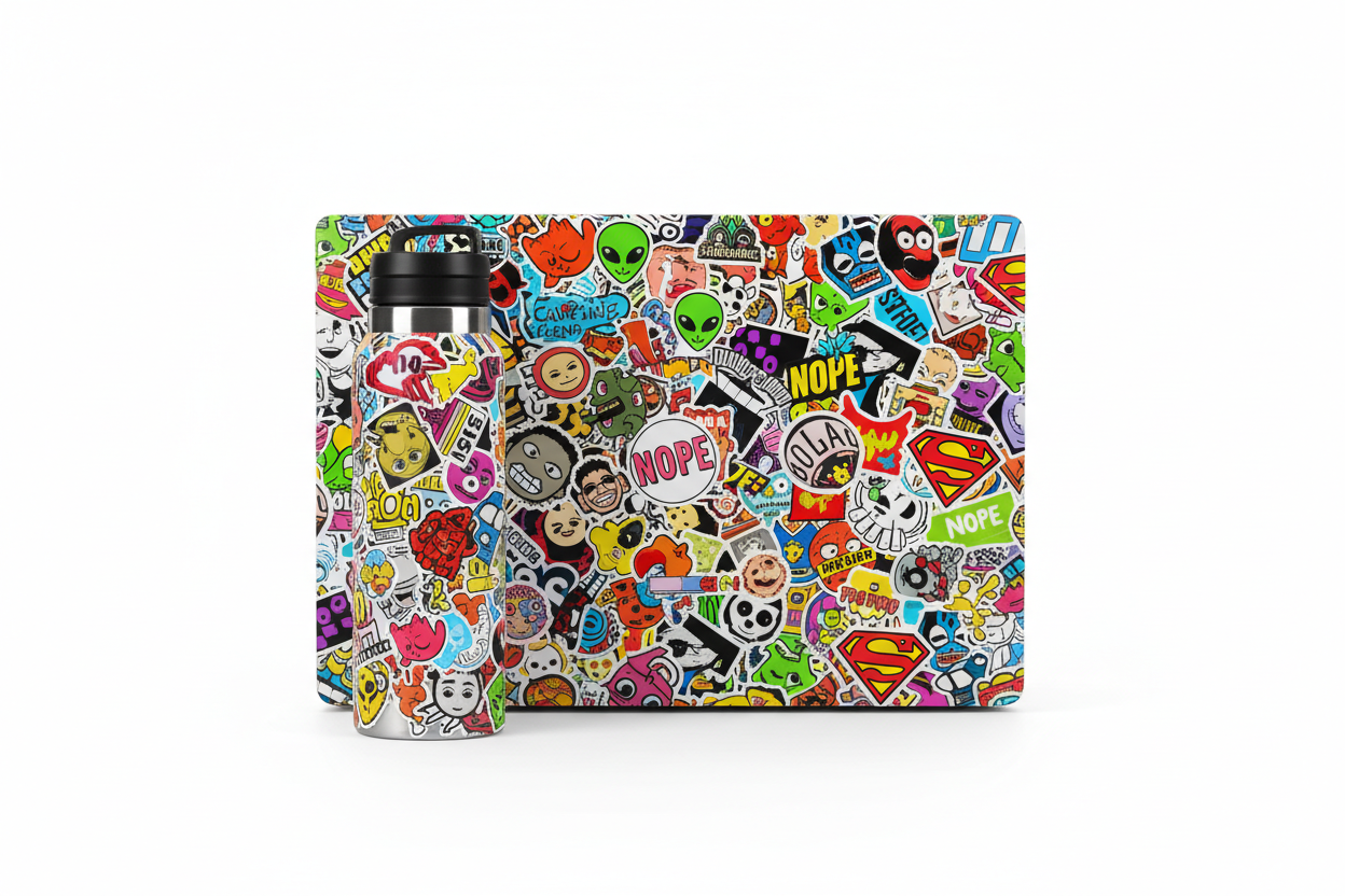 generate a fake product mockup photo of a water bottle and laptop outrageously covered in stickers on every inch
